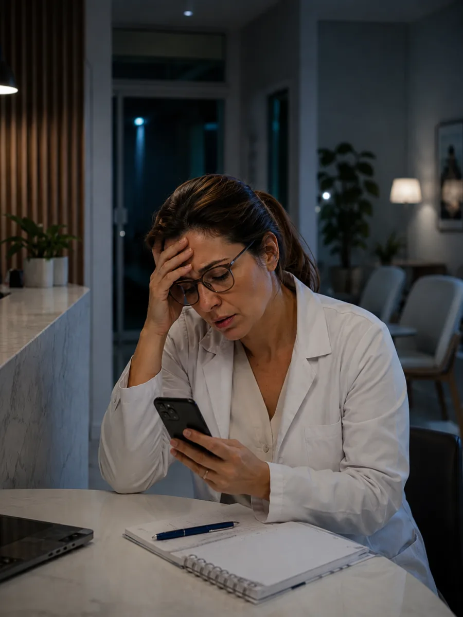 Dono de clinica frustrado de madrugada, olhando o celular cheio de mensagens